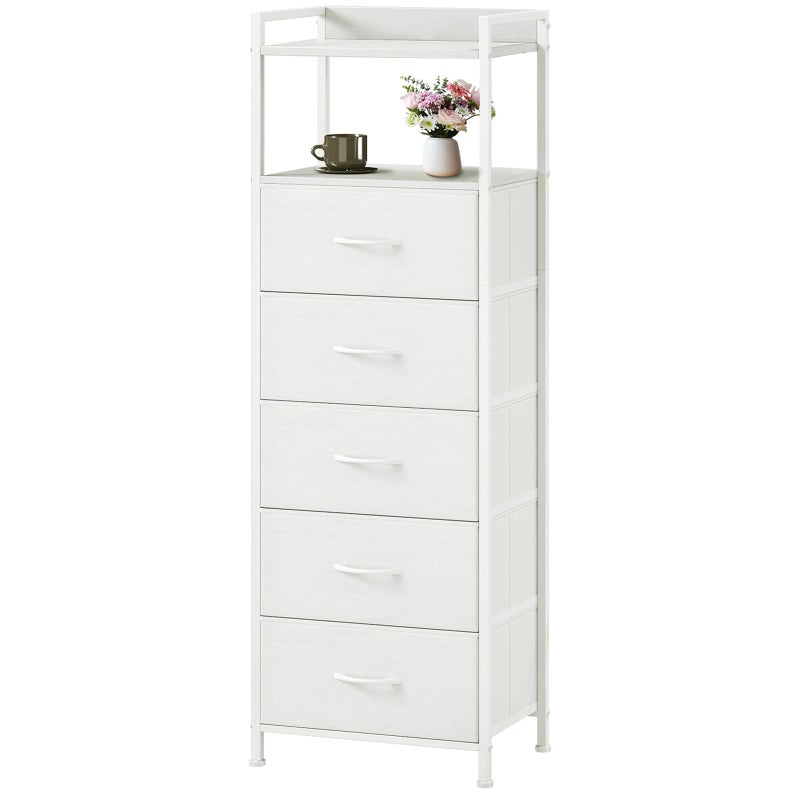 Somdot Tall Dresser for Bedroom, 5 Drawers Nightstand Vertical Storage Tower Unit, Night Stand Furniture with Fabric Drawer Organizer in Bedside Hallway, Entryway, Kids Room, Closet, White Leather - Image 1