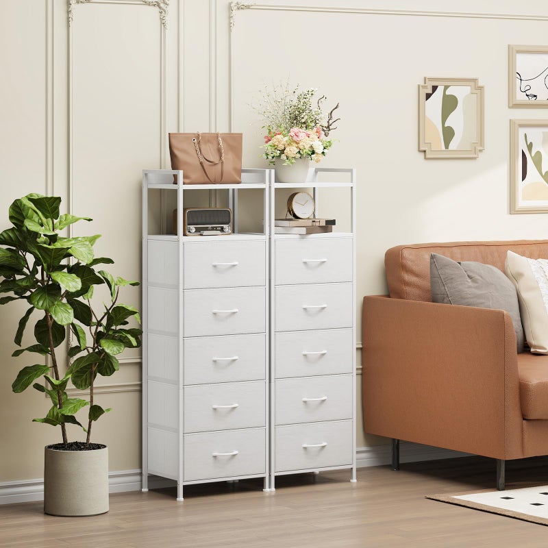 Somdot Tall Dresser for Bedroom, 5 Drawers Nightstand Vertical Storage Tower Unit, Night Stand Furniture with Fabric Drawer Organizer in Bedside Hallway, Entryway, Kids Room, Closet, White Leather - Image 4