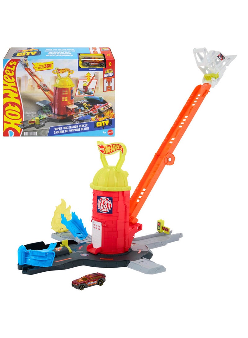 Hot Wheels مجموعة مسار سيارات هوت ويلز، محطة إطفاء المدينة سوبر إنقاذ ولعبة شاحنة إطفاء بمقياس 1:64، مسار السلم يمتد 16 بوصة، 4 مخرجات مختلفة، تخزين سهل - Image 1