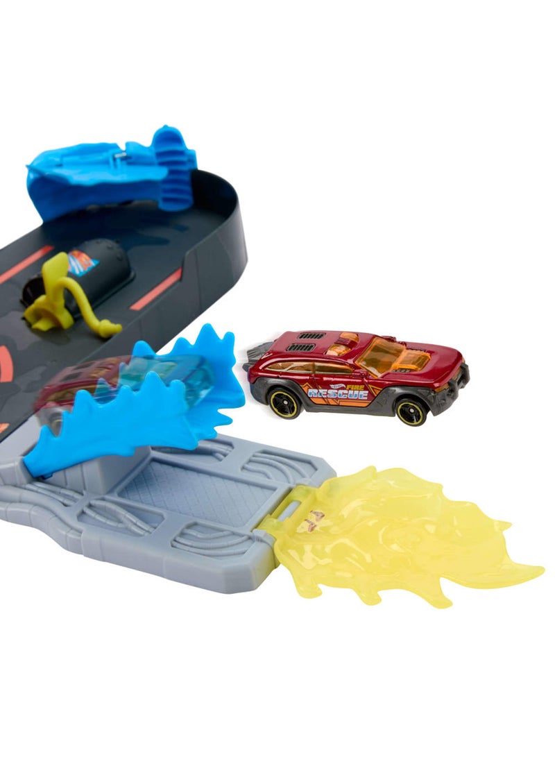 Hot Wheels مجموعة مسار سيارات هوت ويلز، محطة إطفاء المدينة سوبر إنقاذ ولعبة شاحنة إطفاء بمقياس 1:64، مسار السلم يمتد 16 بوصة، 4 مخرجات مختلفة، تخزين سهل - Image 3