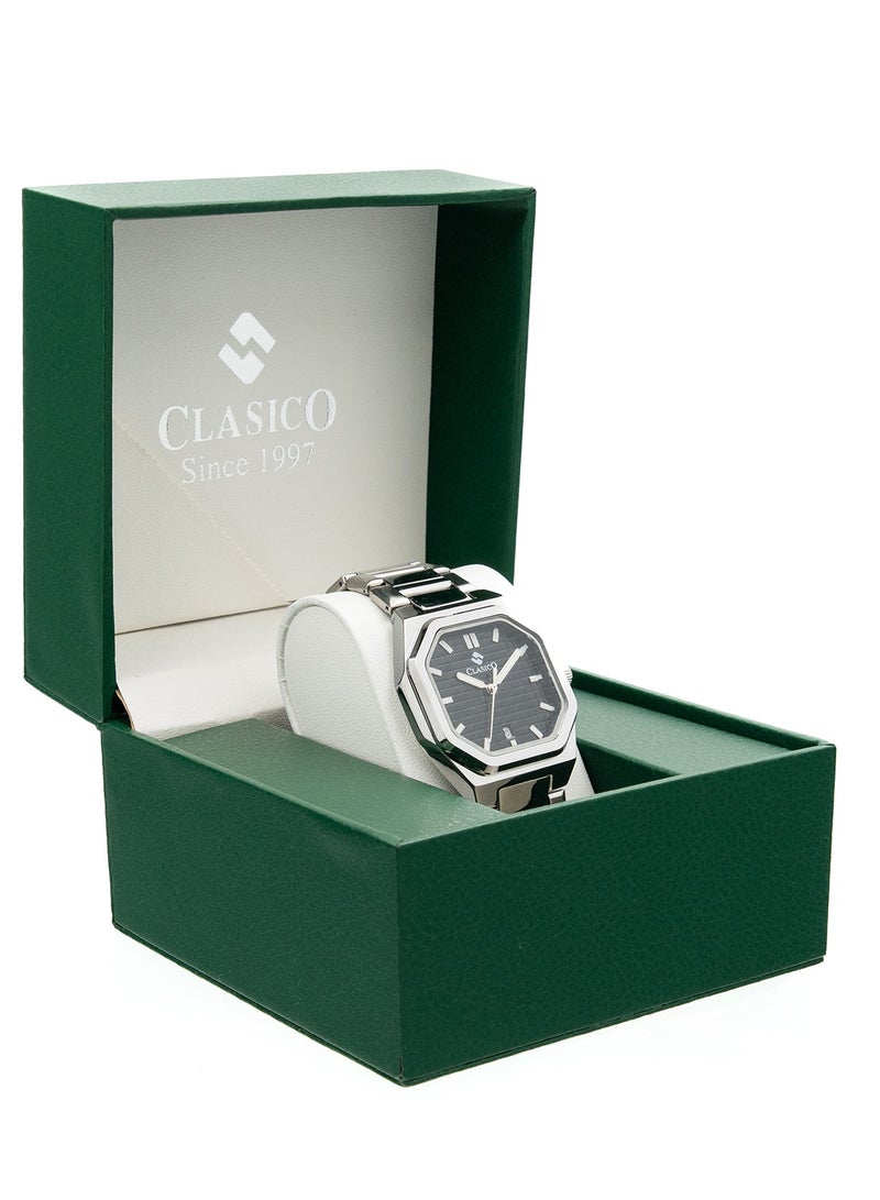 Clasico Men’s Curtis Stainless Steel Analog Watch – Black Dial, Date Display, Luxury Octagonal Design - Image 5