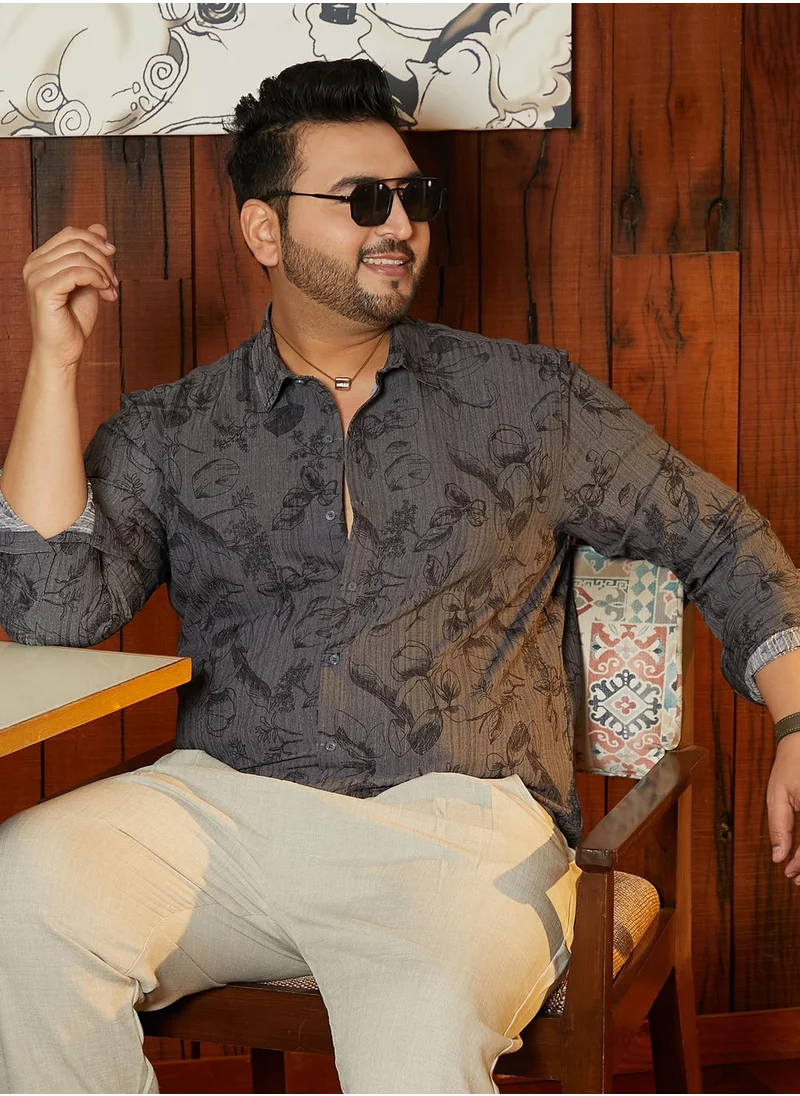 انستافاب بلس Instafab Plus Men's Graphite Grey Bloomline-Tactile Shirt For Casual Wear | Spread Collar | Long Cuffed Sleeves | Button Closure | Plus Size Shirt Crafted With Comfort Fit For Everyday Wear