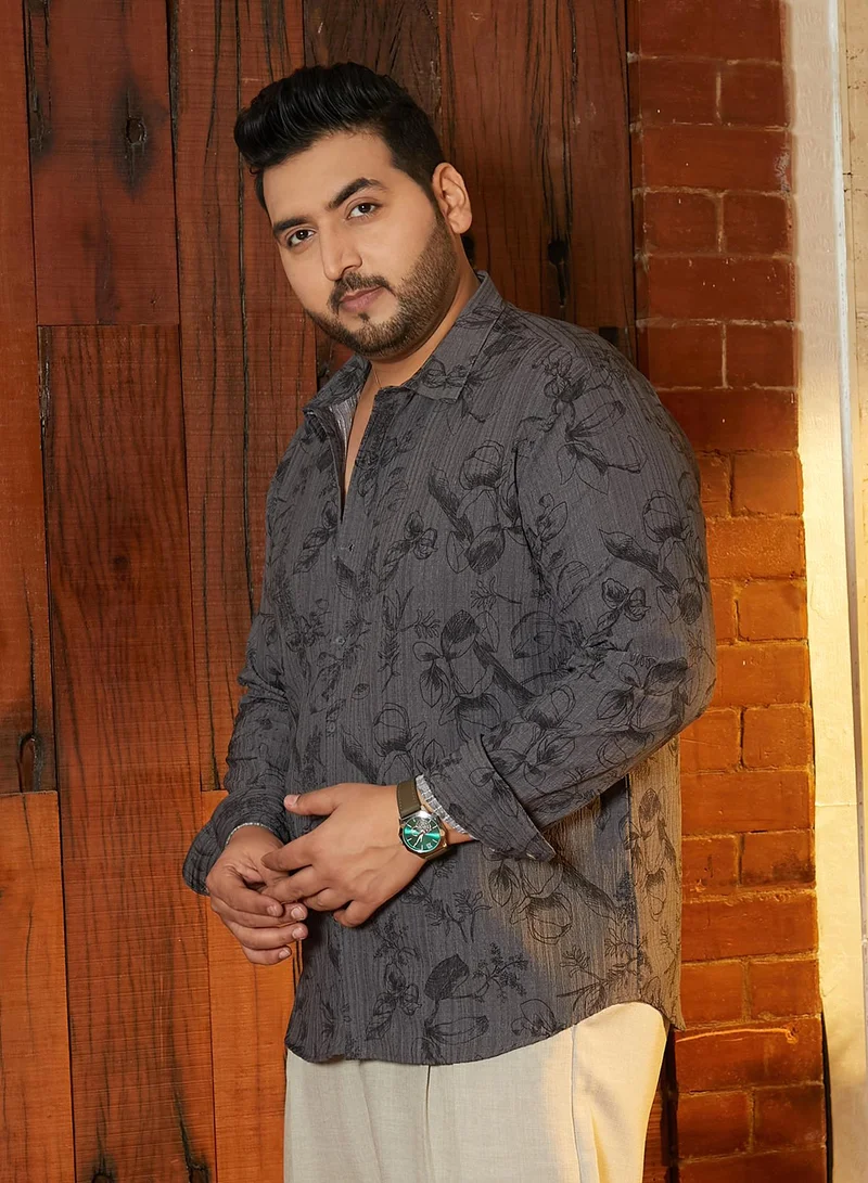 Instafab Plus Instafab Plus Men's Graphite Grey Bloomline-Tactile Shirt For Casual Wear | Spread Collar | Long Cuffed Sleeves | Button Closure | Plus Size Shirt Crafted With Comfort Fit For Everyday Wear