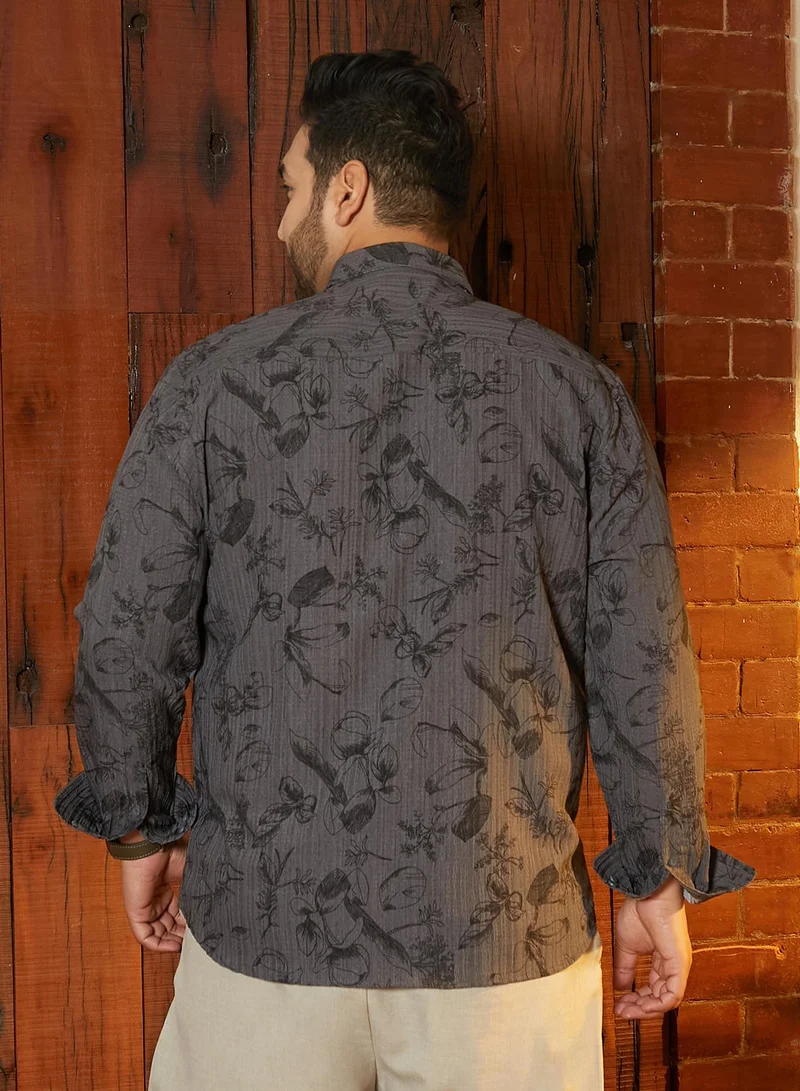 Instafab Plus Instafab Plus Men's Graphite Grey Bloomline-Tactile Shirt For Casual Wear | Spread Collar | Long Cuffed Sleeves | Button Closure | Plus Size Shirt Crafted With Comfort Fit For Everyday Wear