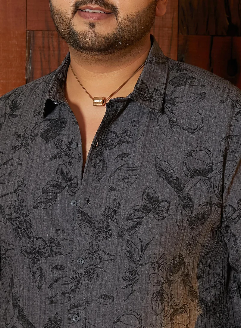Instafab Plus Instafab Plus Men's Graphite Grey Bloomline-Tactile Shirt For Casual Wear | Spread Collar | Long Cuffed Sleeves | Button Closure | Plus Size Shirt Crafted With Comfort Fit For Everyday Wear