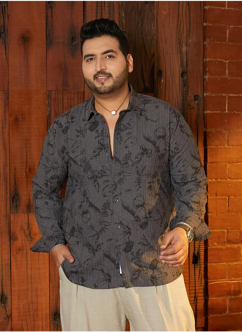 انستافاب بلس Instafab Plus Men's Graphite Grey Bloomline-Tactile Shirt For Casual Wear | Spread Collar | Long Cuffed Sleeves | Button Closure | Plus Size Shirt Crafted With Comfort Fit For Everyday Wear