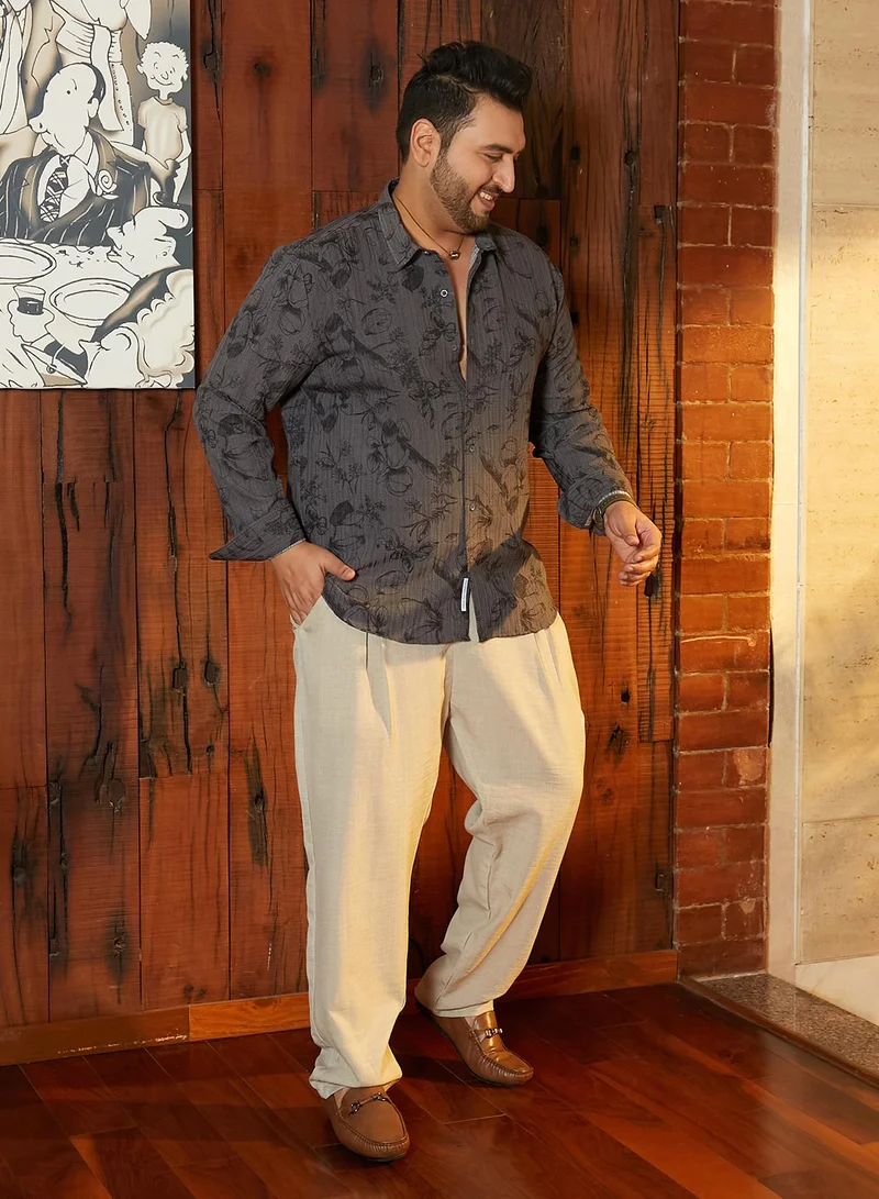 Instafab Plus Instafab Plus Men's Graphite Grey Bloomline-Tactile Shirt For Casual Wear | Spread Collar | Long Cuffed Sleeves | Button Closure | Plus Size Shirt Crafted With Comfort Fit For Everyday Wear