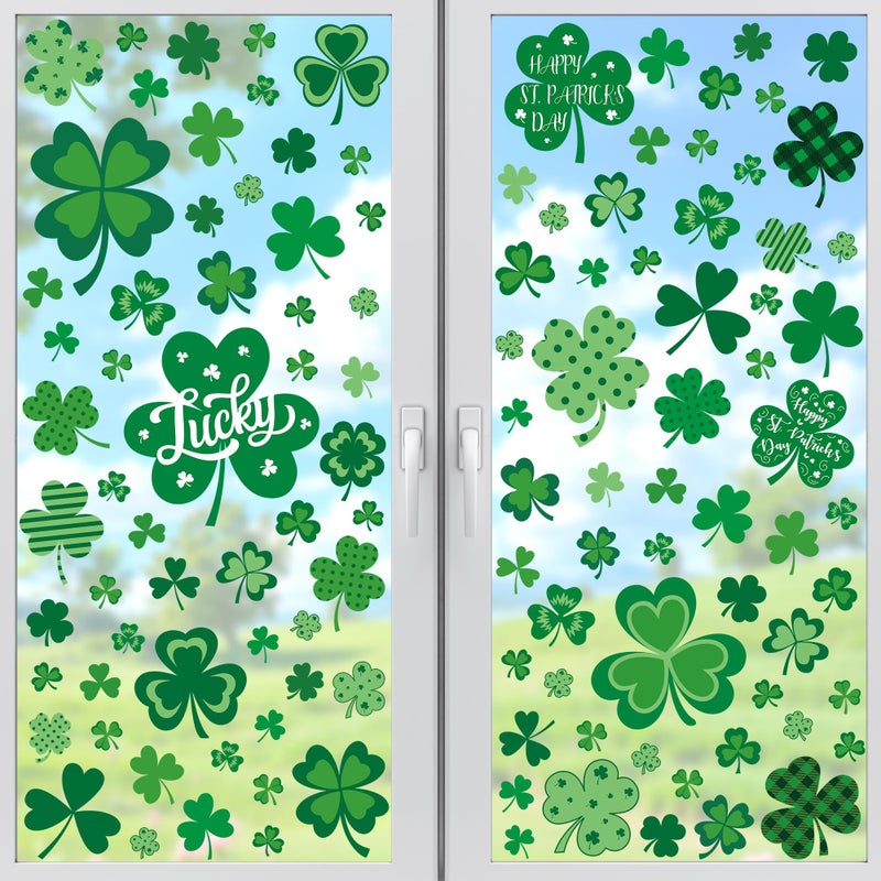 Traplace 120 PCS St Patricks Day Decorations, 4 Sheets St Patricks Day Window Clings with Polka Dots Stripes Plaid Patterns, Double-Sided Green Party Decorations, Shamrock Window Clings for Home Decor - Image 1