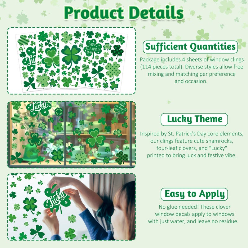 Traplace 120 PCS St Patricks Day Decorations, 4 Sheets St Patricks Day Window Clings with Polka Dots Stripes Plaid Patterns, Double-Sided Green Party Decorations, Shamrock Window Clings for Home Decor - Image 4
