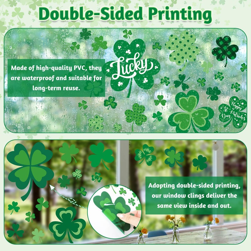 Traplace 120 PCS St Patricks Day Decorations, 4 Sheets St Patricks Day Window Clings with Polka Dots Stripes Plaid Patterns, Double-Sided Green Party Decorations, Shamrock Window Clings for Home Decor - Image 3