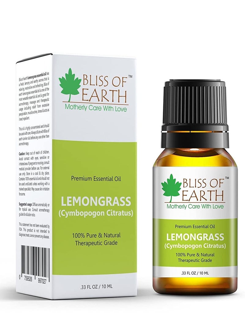 BLISS OF EARTH 100% Pure Steam Distilled Lemongrass Essential Oil 10ml - Image 1