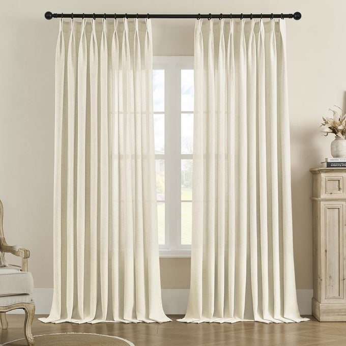 FAUX LINEN EXTRA WIDE PINCH PLEATED CURTAINS 100W X 84L INCHES PINCH PLEAT SEMI SHEER DRAPES WITH HOOKS FOR TRAVERSE ROD AND TRACK LIGHT FILTERING PRIVACY PROTECTION 1 PANEL NATURAL