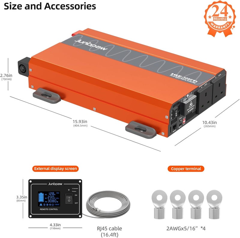 Junbpaw 3080 Watt Pure Sine Wave Inverter, Equipment GFCI, 12V DC to 230V AC Converter Built-in 5V/2.1A USB Port for Off-Grid Solar Car RV Truck Boat with Wire Remote Monitor, Pre-Charge Function - Image 2