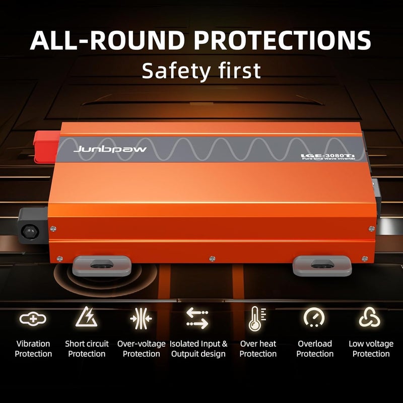 Junbpaw 3080 Watt Pure Sine Wave Inverter, Equipment GFCI, 12V DC to 230V AC Converter Built-in 5V/2.1A USB Port for Off-Grid Solar Car RV Truck Boat with Wire Remote Monitor, Pre-Charge Function - Image 5