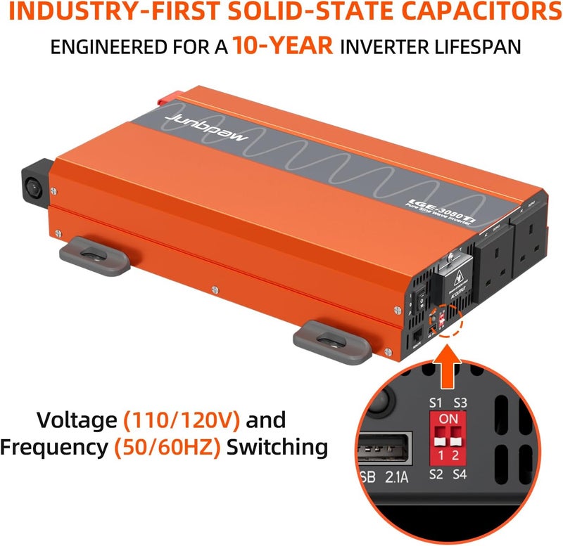 Junbpaw 3080 Watt Pure Sine Wave Inverter, Equipment GFCI, 12V DC to 230V AC Converter Built-in 5V/2.1A USB Port for Off-Grid Solar Car RV Truck Boat with Wire Remote Monitor, Pre-Charge Function - Image 3
