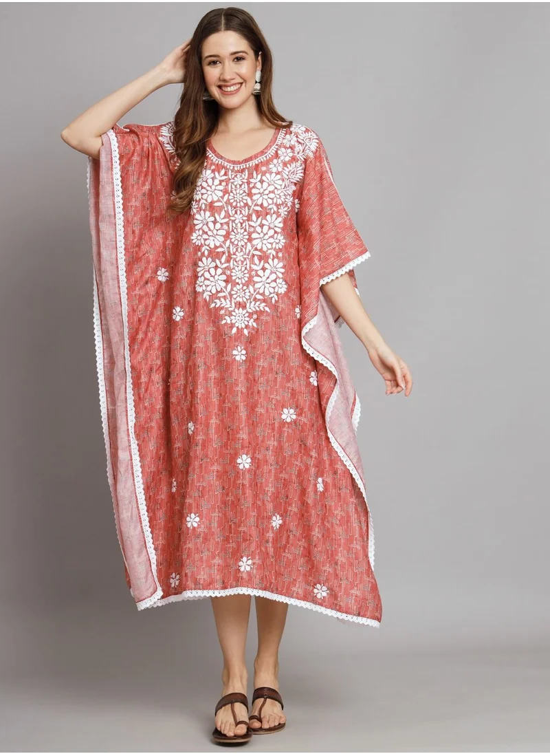 Alaya Hand Embroidered Chikankari Floral Print Cotton Midi Kaftan-AL3647