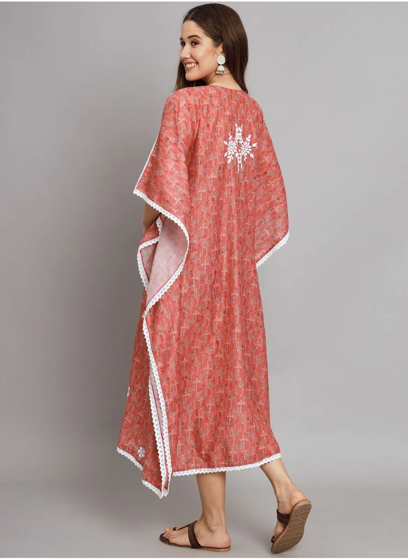 Alaya Hand Embroidered Chikankari Floral Print Cotton Midi Kaftan-AL3647