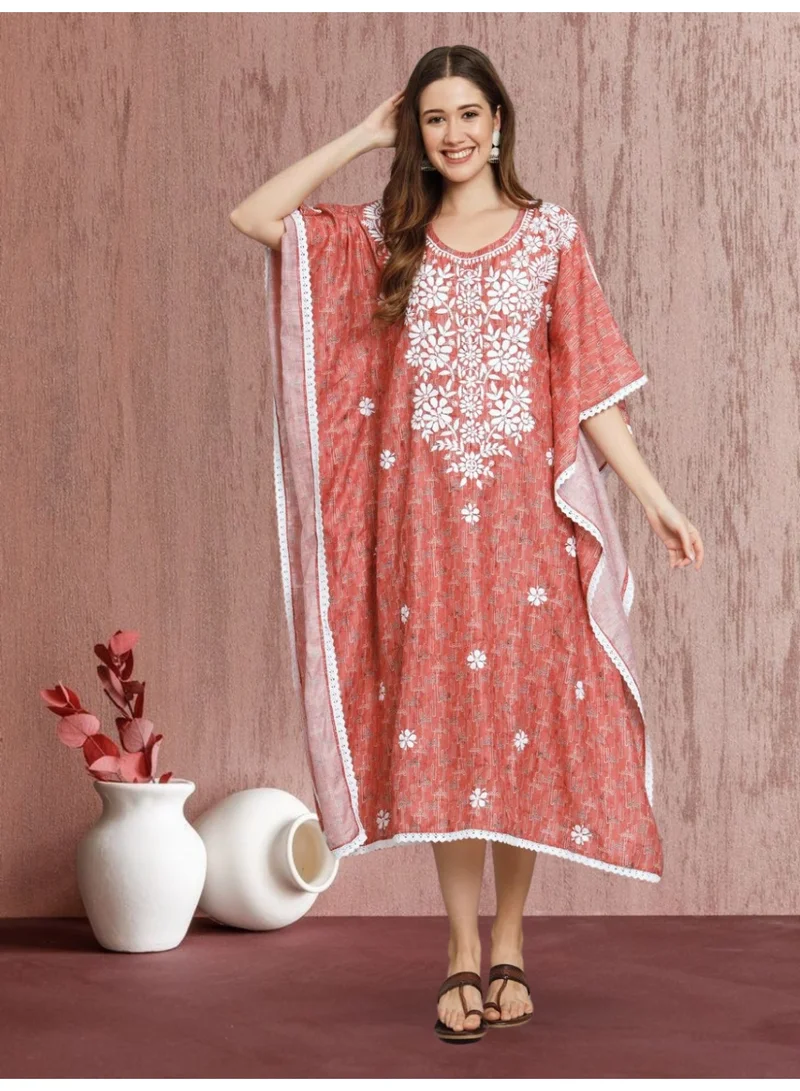Alaya Hand Embroidered Chikankari Floral Print Cotton Midi Kaftan-AL3647