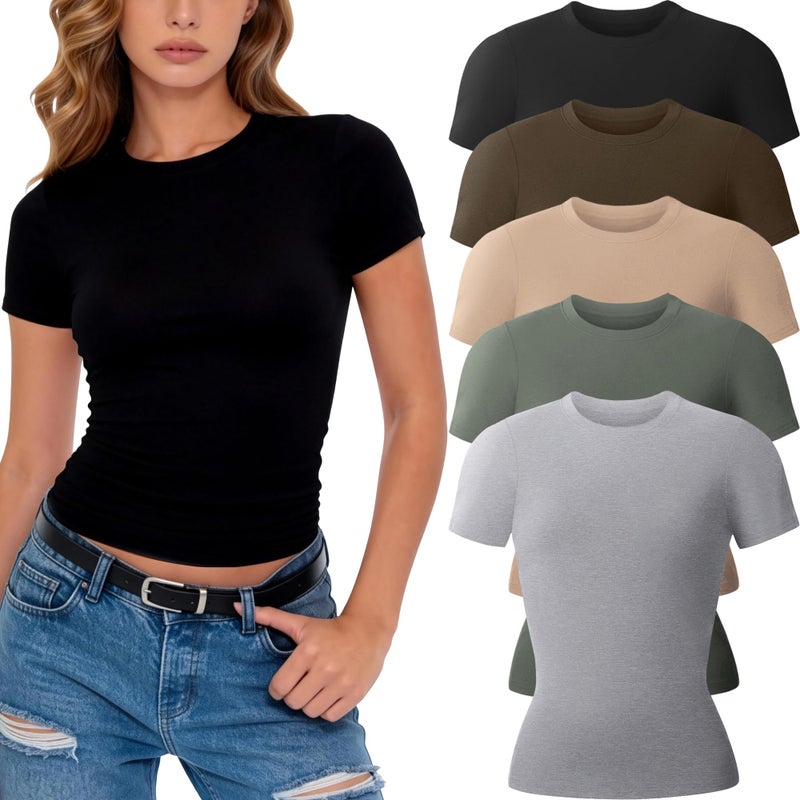 CE' CERDR 3/5 Pack Womens T Shirts Crew Neck Short Sleeve Shirts for Women Casual Basic Tees Fitted Stretchy Layering Tops - Image 1