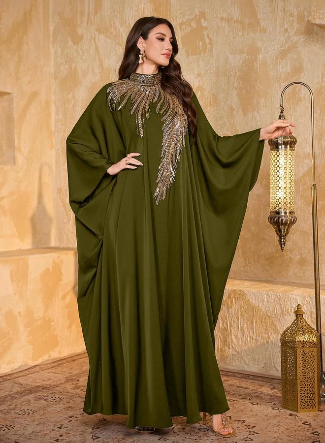 Supgir Plus Size Sequin Yoke High Neck Maxi Kaftan
