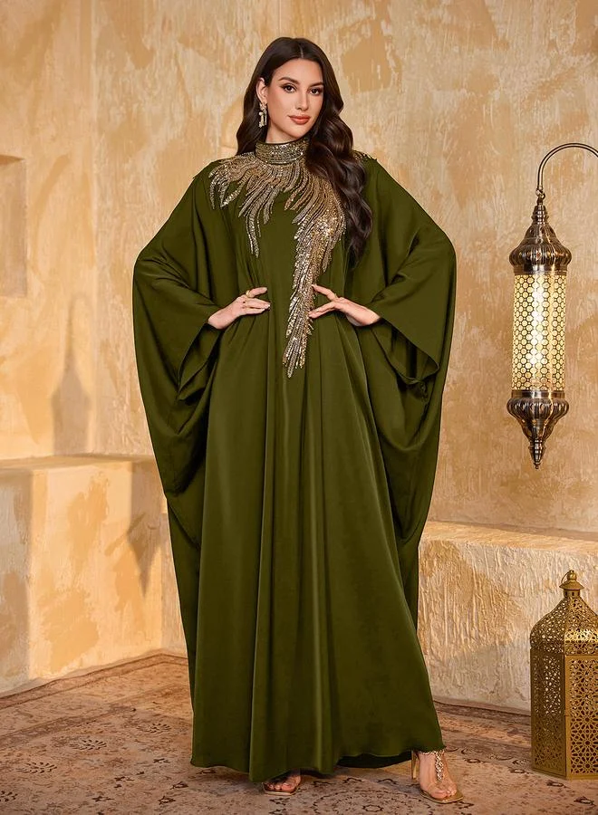 Supgir Plus Size Sequin Yoke High Neck Maxi Kaftan