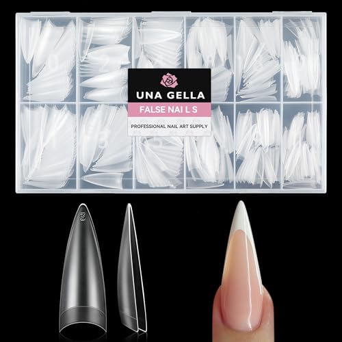 UNA GELLA Stiletto Gel Nail Tips 504pcs Long Stiletto Almond Clear Curved Nails Tips Half Cover False Fake Nails for DIY Press On Nails Extension Art Salon 12 Sizes - Image 1