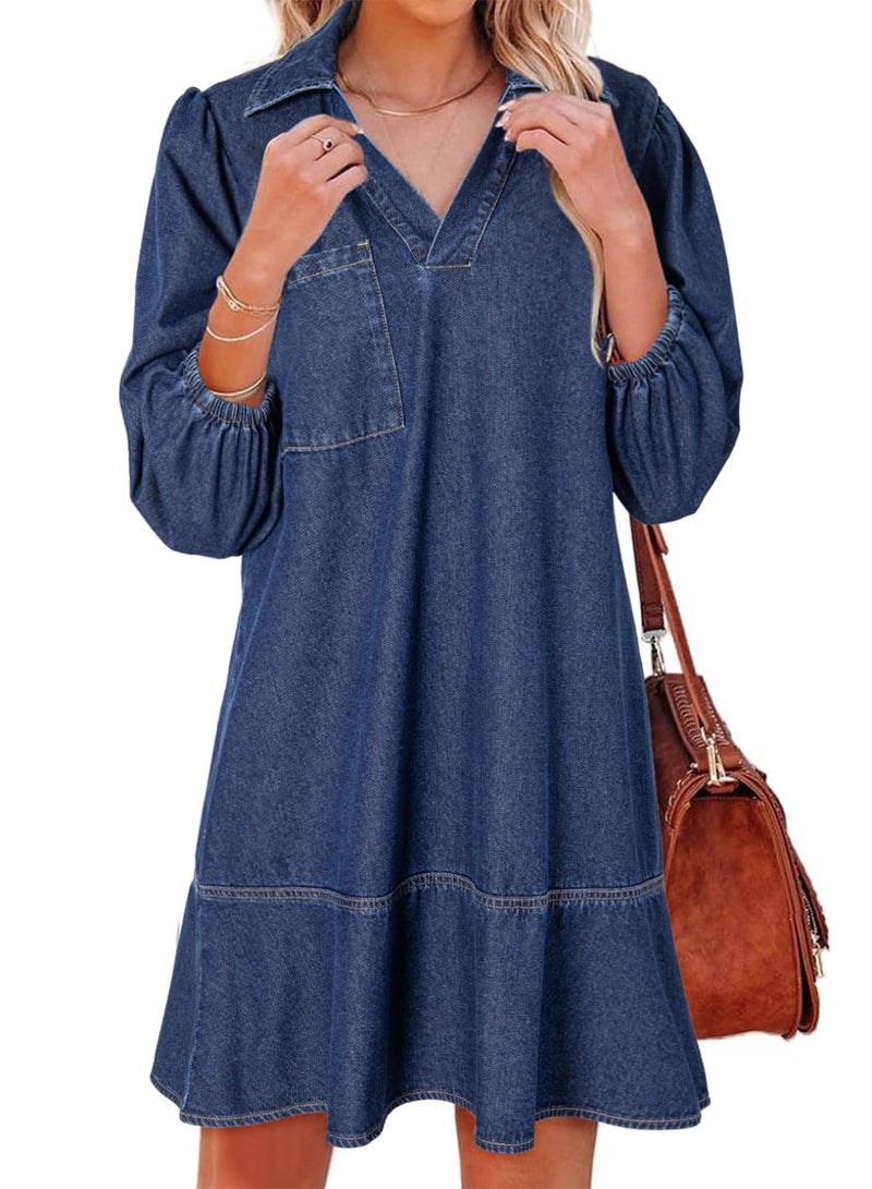 Dokotoo Dresses for Women Casual Spring Summer 3/4 Sleeve Babydoll Denim Dress Womens Ladies Cute Collar Neck Puff Sleeve Fashion Mini Jean Dresses Sail Blue Small - Image 1