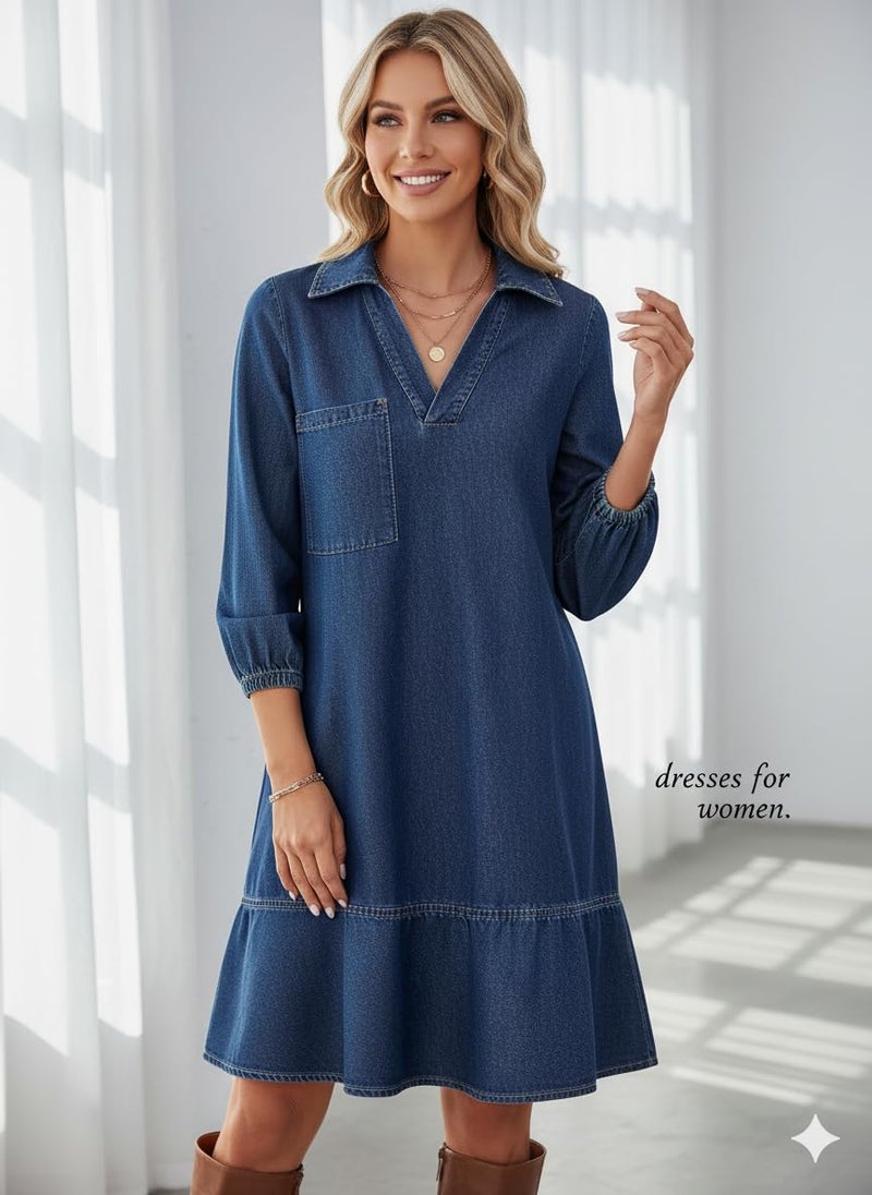 Dokotoo Dresses for Women Casual Spring Summer 3/4 Sleeve Babydoll Denim Dress Womens Ladies Cute Collar Neck Puff Sleeve Fashion Mini Jean Dresses Sail Blue Small - Image 5