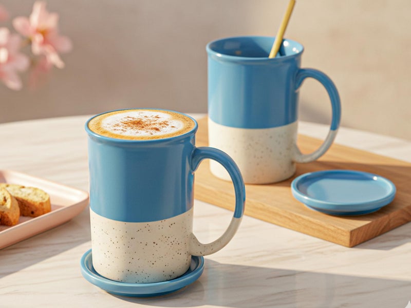 Bodhi House Ceramic Hand Glazed Tea and Coffee Mug with Coaster - 300ml | Set of 2 | Microwave & Dishwasher Safe | for Home Office - Sky Blue - Image 1