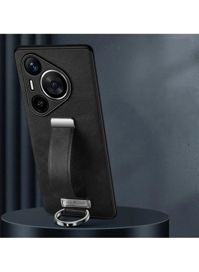 VKL Case Compatible with Huawei Pura 70 Pro with Stand Hand Strap Holder, Slim PU Leather Shockproof Phone Cover Premium Hard PC Protective Case for Huawei Pura 70 Pro (Black)
