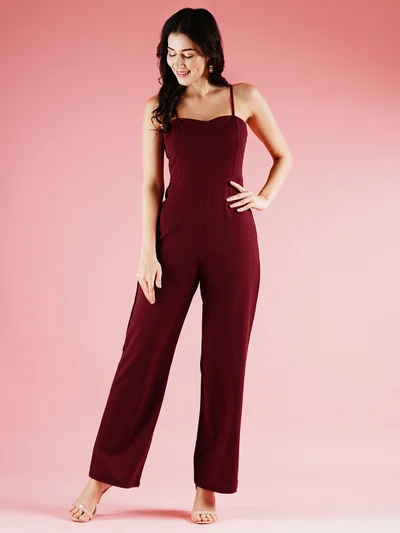 globus Women Maroon Shoulder Straps Sleeveless Basic Jumpsuit