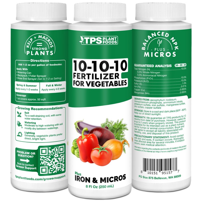 TPS NUTRIENTS Liquid 10-10-10 Fertilizer for Vegetables, Triple Ten NPK Plus Iron and Micros, Liquid Plant Food 8 oz (250mL) - Image 2
