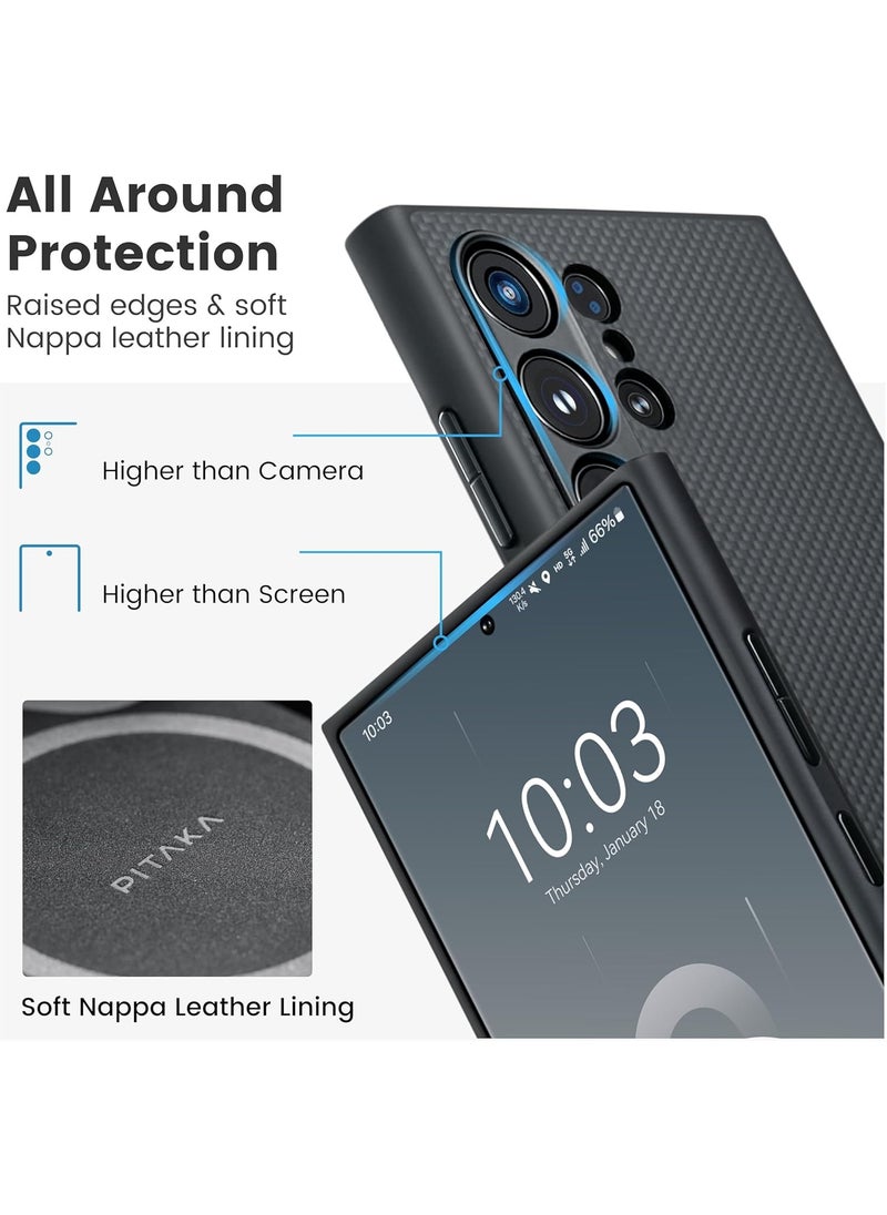 PITAKA - Carbon Case for Samsung Galaxy S24 Ultra Case 6.8 Inch Compatible with Mag Safe Protective S24 Ultra Case 1500D Aramid Fiber Made Pin Button Case - Black - Image 1