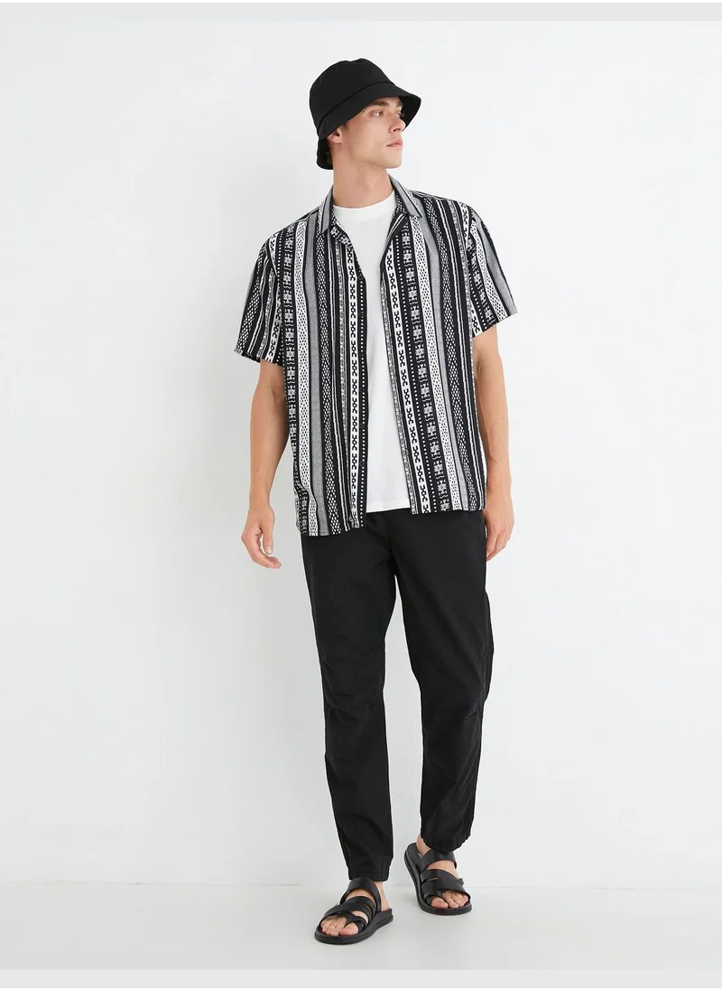 كوتون Short Sleeve Shirt Turndown Neck Ethnic Print Detailed