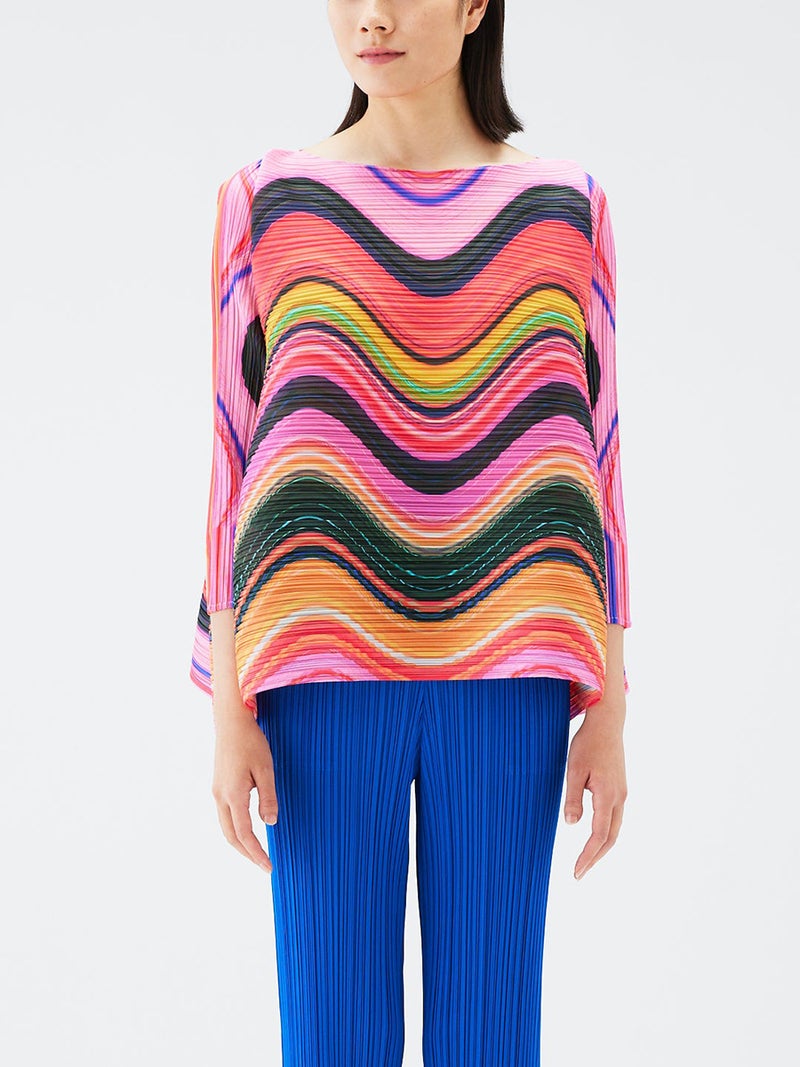 Direct Miyake Women's Striped Pleated Top – Loose Fit Three-Quarter Sleeve T-Shirt - Image 2