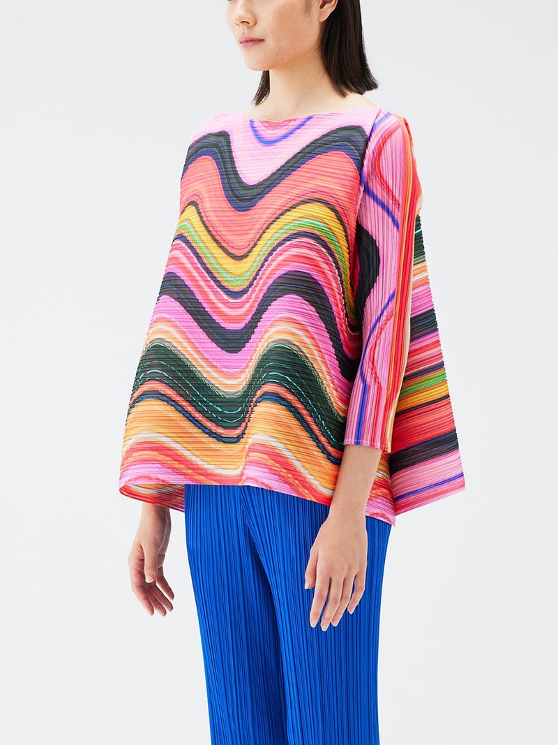 Direct Miyake Women's Striped Pleated Top – Loose Fit Three-Quarter Sleeve T-Shirt - Image 3