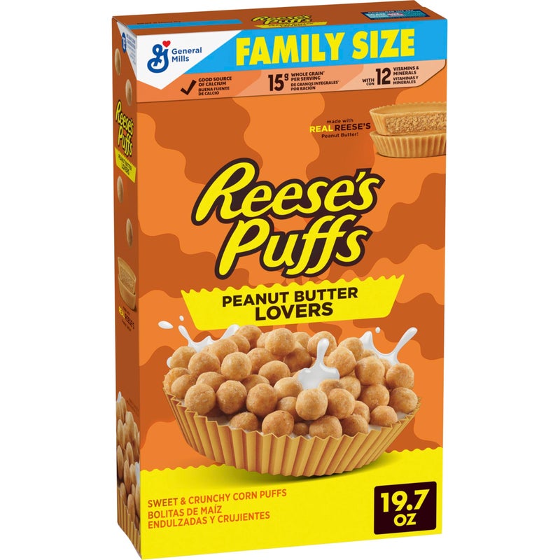 REESE'S PUFFS Peanut Butter Lovers Breakfast Cereal, Made with Whole Grain and Real REESE'S Peanut Butter, Family Size, 19.7 oz - Image 1