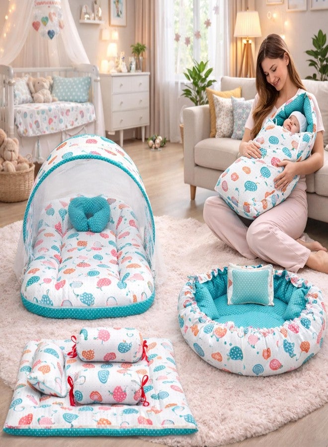 Fareto Combo of Baby Nest | Net with Bed | Carry Bag | 4 Pcs Bedding Set(0-6 Months) (Fullset_Nest) (FULLSET NEST Pista SPRIAL) - Image 1
