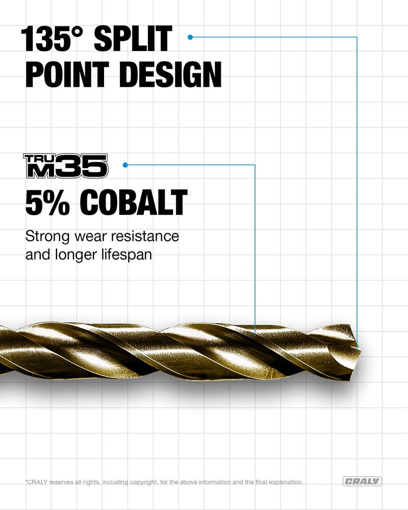 CRALY 13-Piece Cobalt Drill Bit Set, M35 HSS Jobber Length Twist Drill Bits, 135 Degree Split Point, for Hard Metal, Stainless Steel, Cast Iron, Plastic - Image 4