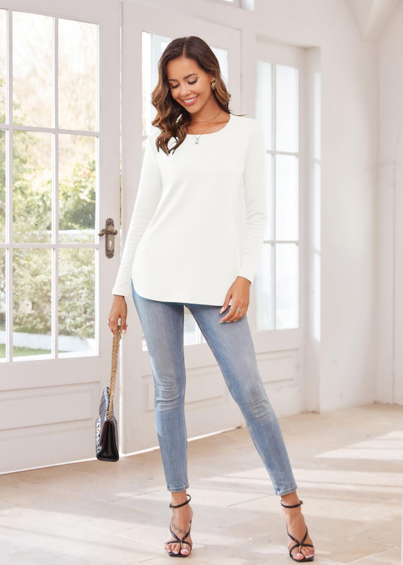 Herou Womens Round Neck Solid Loose Casual Plus Long Sleeve Sweatshirt with Side Split White X-Large - Image 5