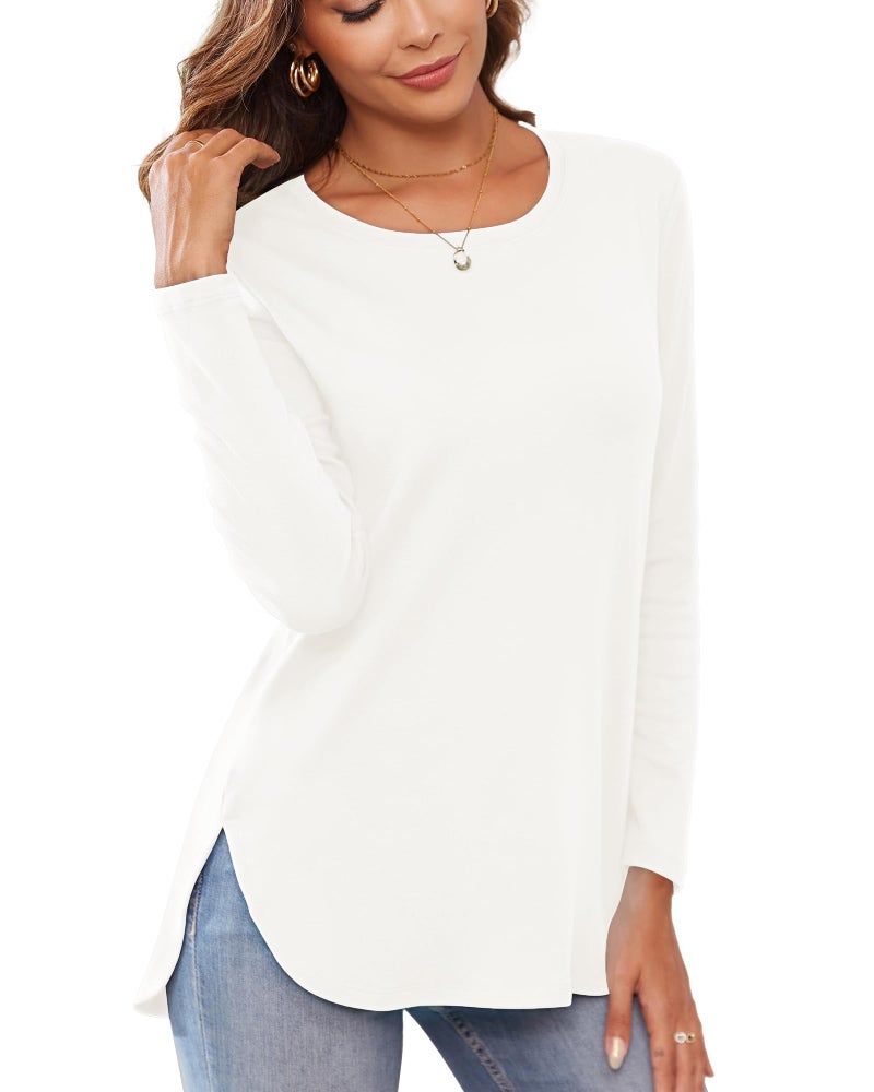 Herou Womens Round Neck Solid Loose Casual Plus Long Sleeve Sweatshirt with Side Split White X-Large - Image 1