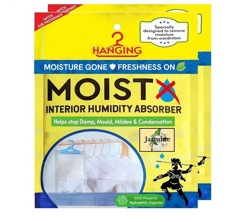 MOISTX MOISTX Hanging Interior Humidity Absorber 200g X 2 pouch with dual benefits Jasmine Fragrance Capacity to trap 500ml of moisture from air Pack of 2 For Wardrobe Kitchen Cabinet Bathroom
