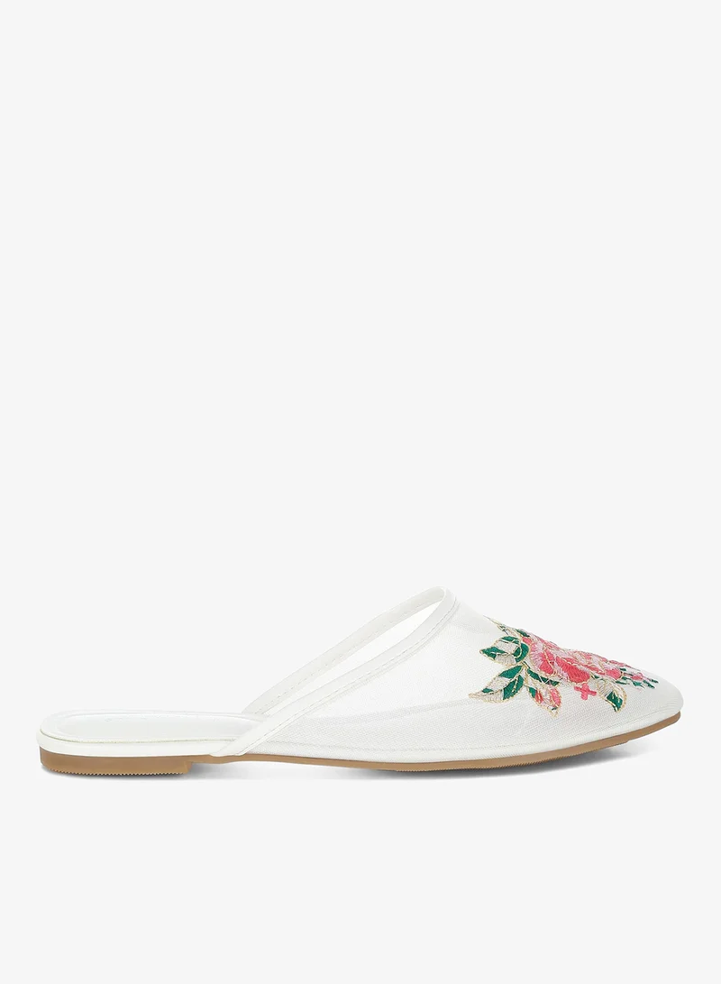 Floral Embroidered Mesh Mules in White