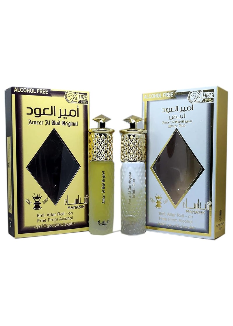 MANASIK AMEER AL OUD ORIGINAL AMEER AL OUD WHITE OUD Alcohol Free Concentrated Attar Roll On 6ml COMBO SET - Image 1