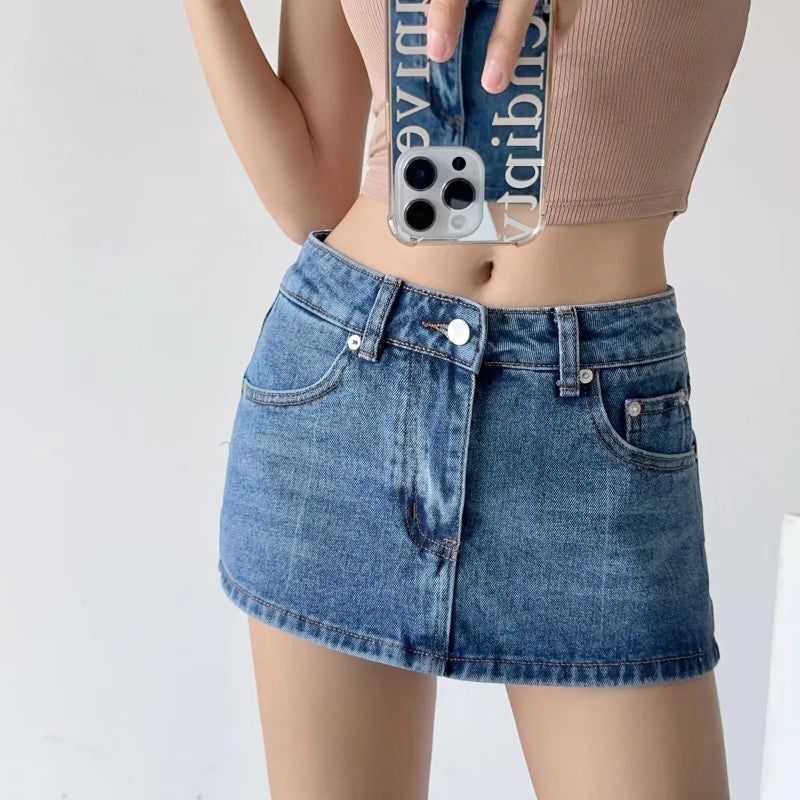 Spice Girl Retro High Waist Denim Culottes Women'S 2023 Summer Design Anti-Running A- Line Skirt - Image 3