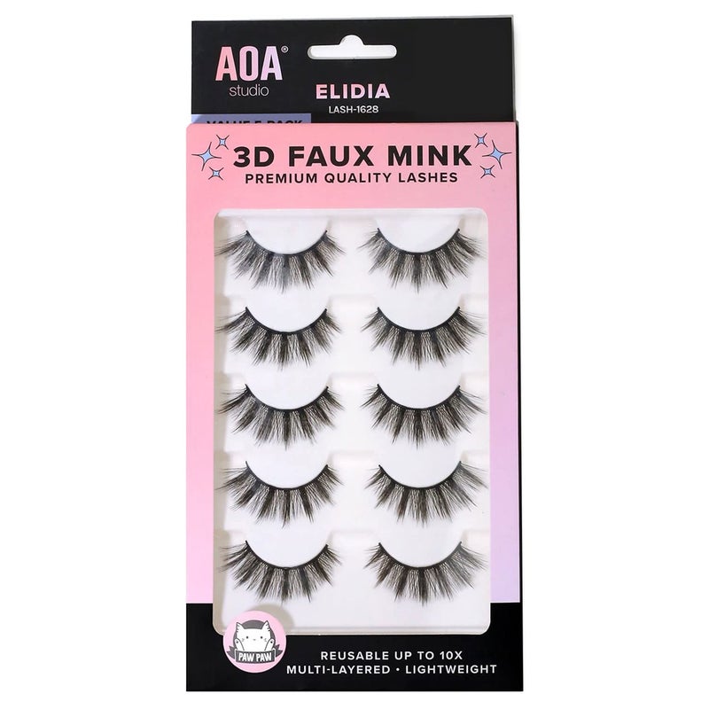 AOA Studio 3D False Eyelash 5 Pairs Natural Handmade Eyelashes Natural Volume Reusable Soft Makeup False Eyelashes 100 Percent Handmade Cruelty Free Elidia