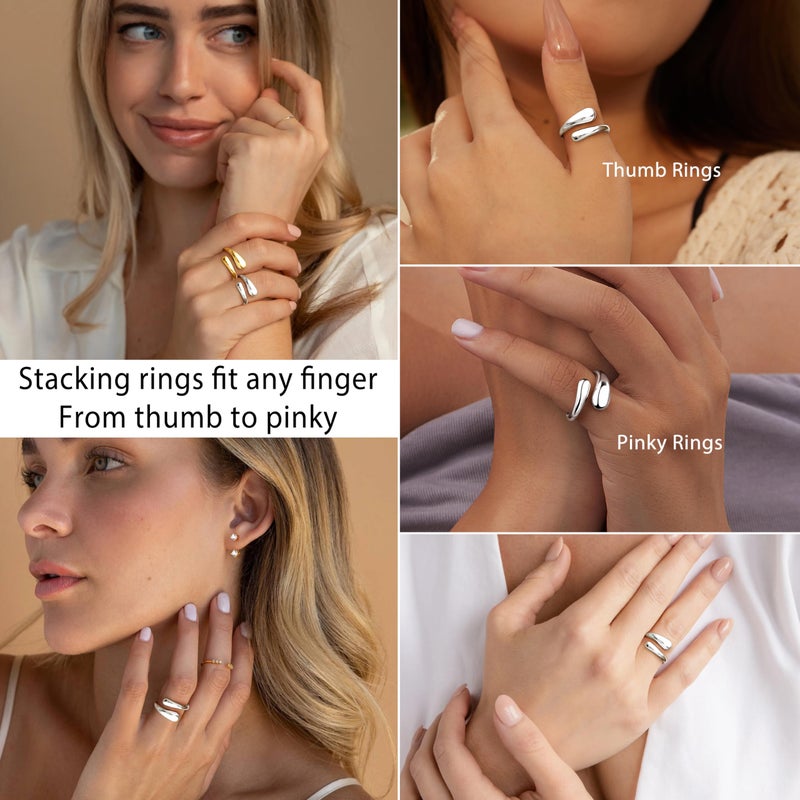 Poxtex Silver Wedding Band Rings for Women, Stainless Steel Adjustable Non Tarnish Signet Wedding Rings Jewelry Size 7 - Image 5
