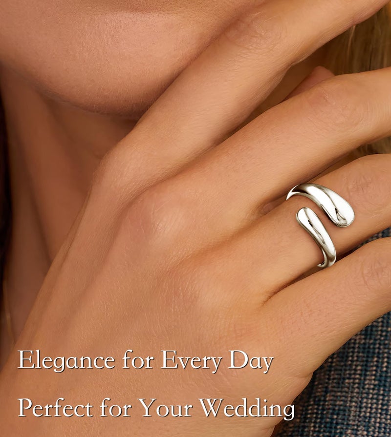 Poxtex Silver Wedding Band Rings for Women, Stainless Steel Adjustable Non Tarnish Signet Wedding Rings Jewelry Size 7 - Image 2