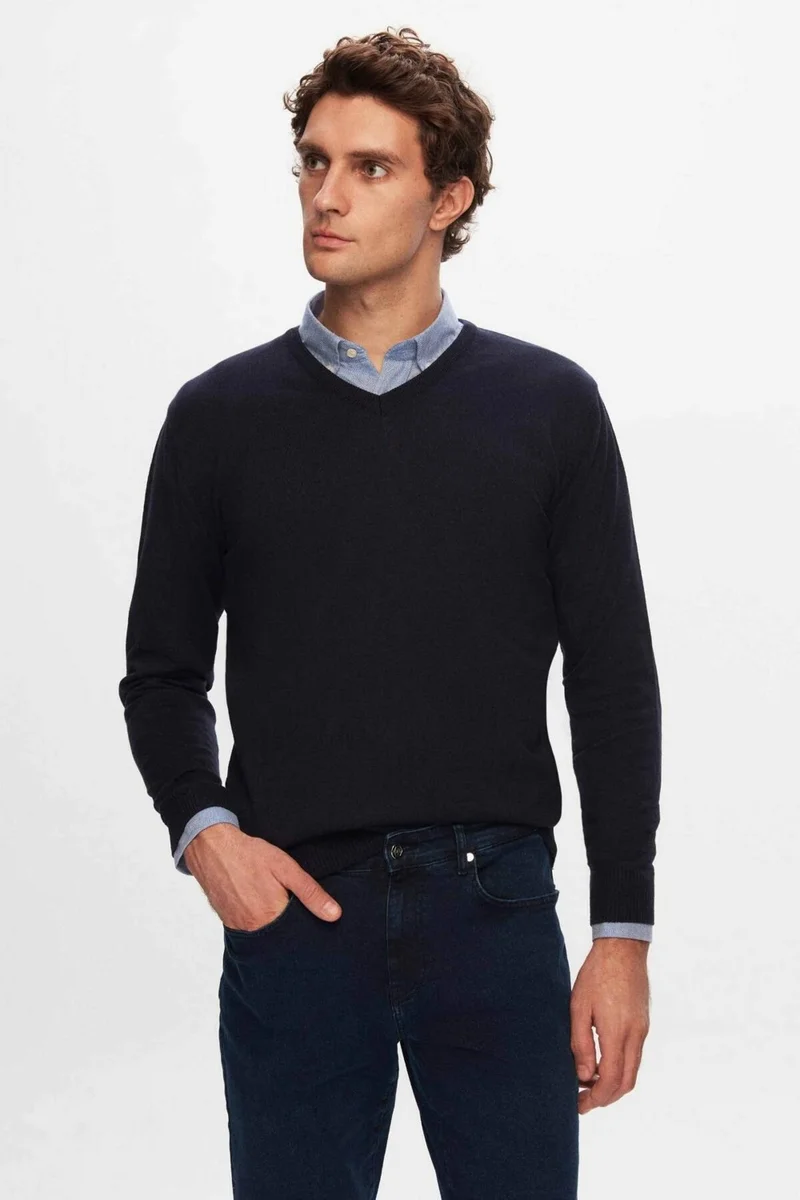 دي أس دامات Regular Fit Navy Blue Plain V Neck Knitwear Sweater 5HF06ORT12003