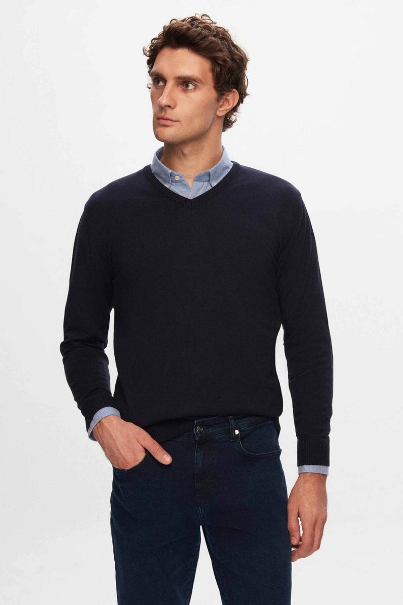 D'S DAMAT Regular Fit Navy Blue Plain V Neck Knitwear Sweater 5HF06ORT12003  - Image 1